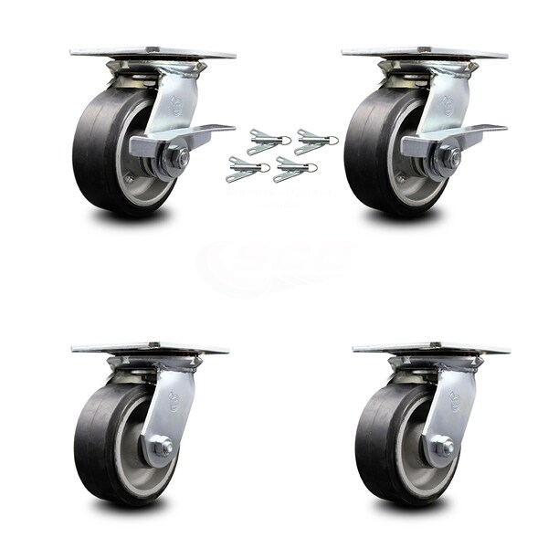 Service Caster 5 Inch Rubber on Aluminum Caster Set with Roller Bearing 4 Swivel Lock 2 Brake SCC-35S520-RAR-SLB-BSL-2-BSL-2 - main